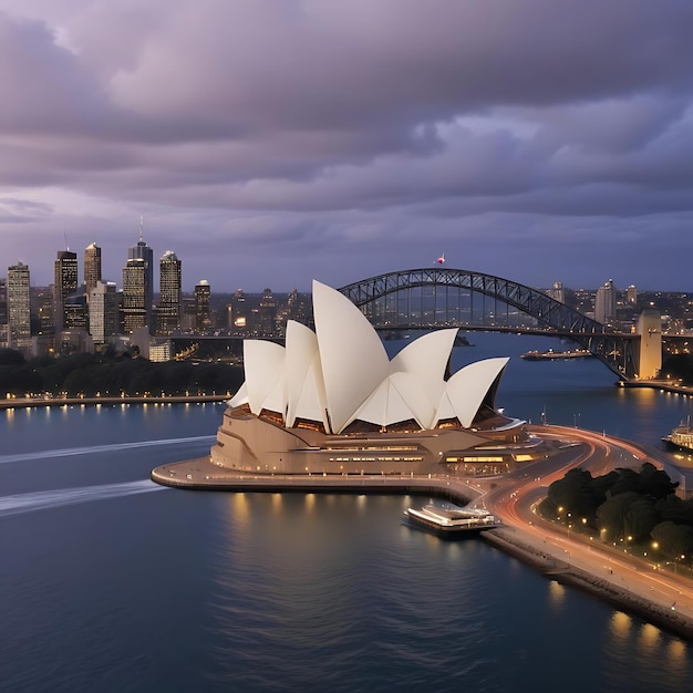 a boat is sailing under a bridge and the opera house is in the background