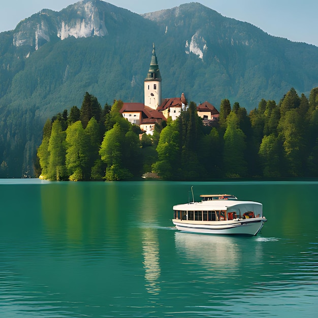 a boat is sailing in a lake surrounded by trees