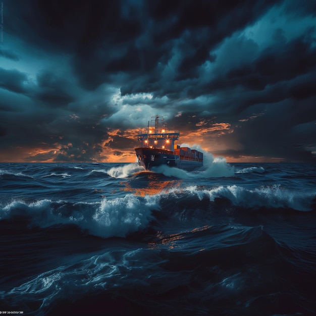 A boat is sailing in the ocean with a storm in the background