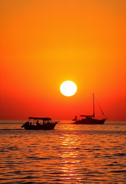 a boat is sailing in the ocean with a sunset in the background