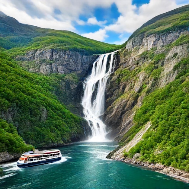 Photo a boat is sailing in a river with a waterfall in the background