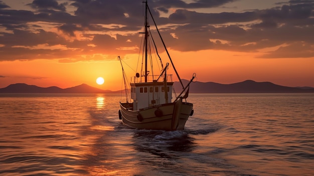 A boat is sailing in the water at sunset.