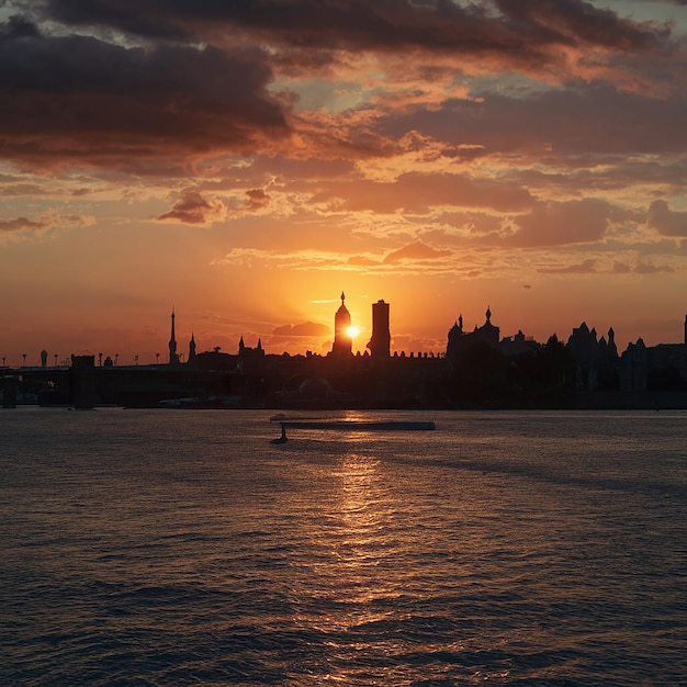 a boat is sailing in the water with a city in the background