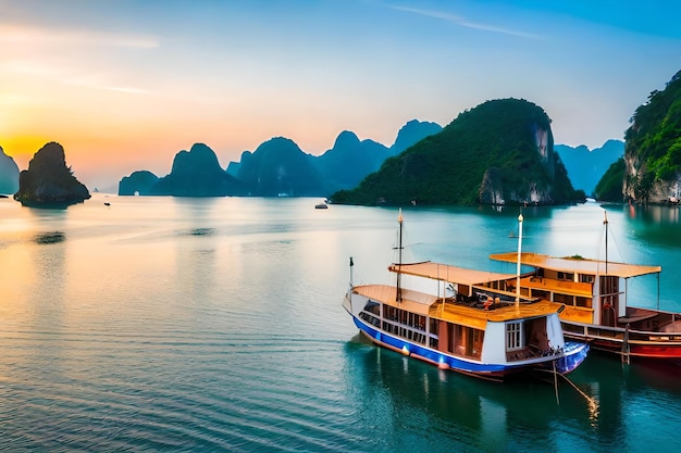 a boat is sailing in the water with a mountain in the background