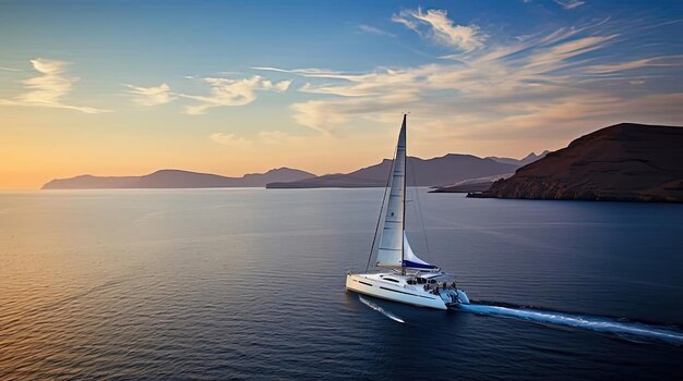 Photo a boat is sailing in the water with a mountain in the background