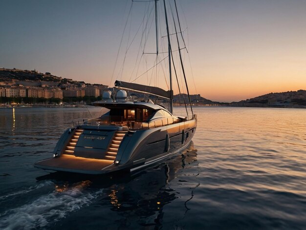 a boat is sailing in the water with the sun setting behind it