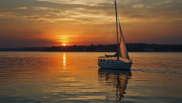 Photo a boat is sailing in the water with the sun setting behind it