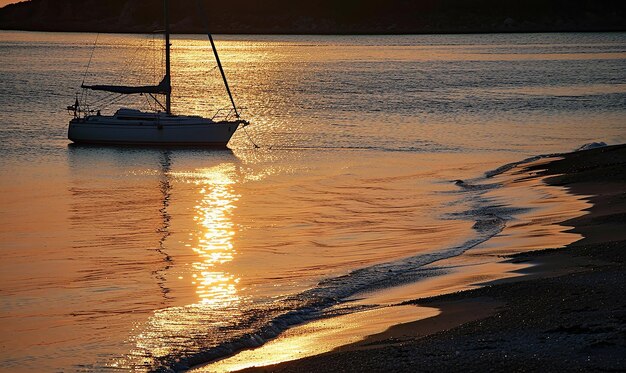 Photo a boat is sailing in the water with the sun setting behind it