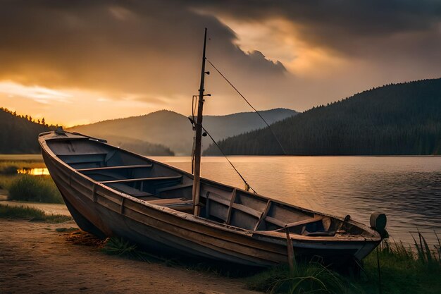 a boat is on the shore of a lake with a mountain in the background.