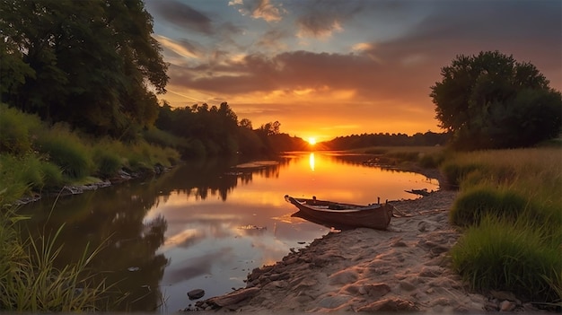 a boat is on the shore of a river and the sun is setting