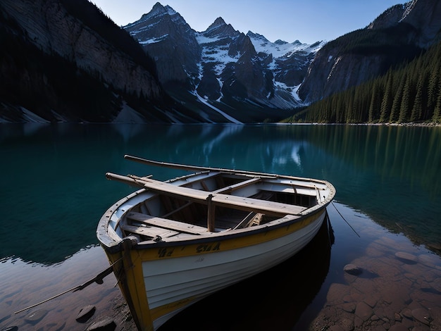 A boat is sitting on the shore of a mountains ai generative