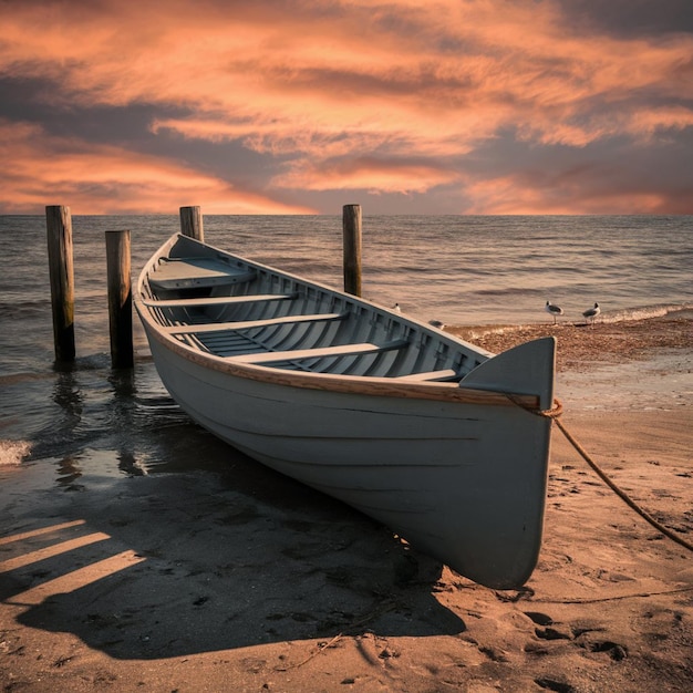 a boat is tied to a post on the beach