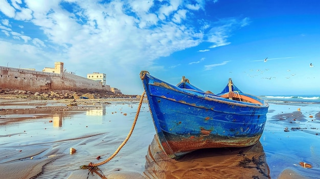 a boat is tied up on the beach and the water is blue