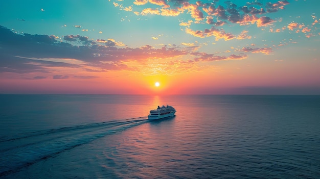 Photo a boat is traveling across the ocean at sunset