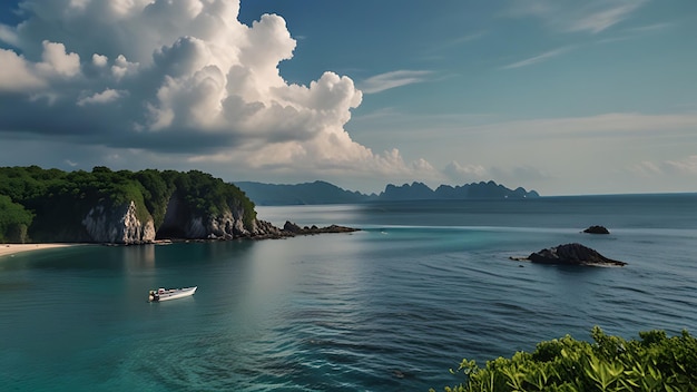 a boat is in the water and a mountain in the background