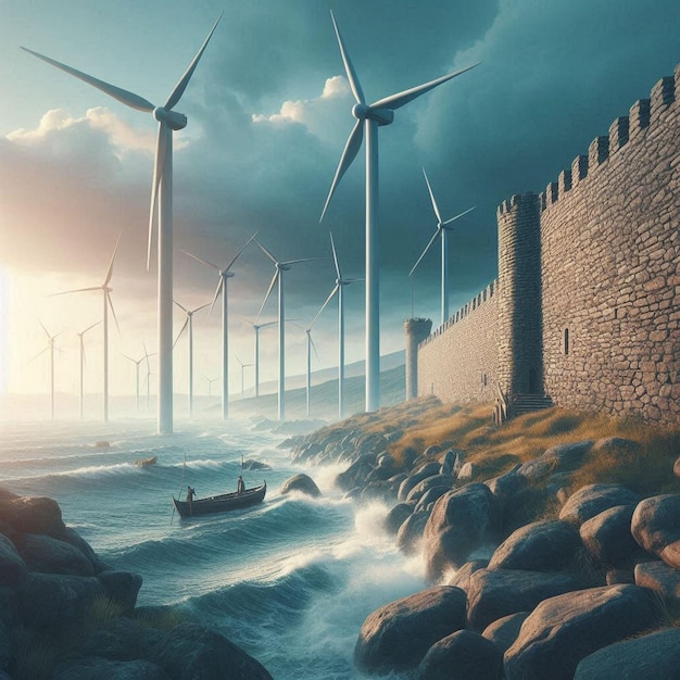 a boat is on the water near a wall with wind turbines in the background