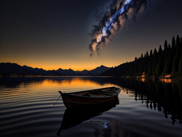 A boat is in the water at sunset.