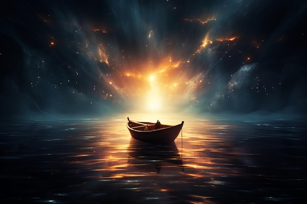 a boat is in the water with a bright light shining above it