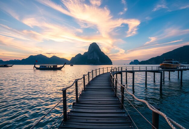 a boat is on a wooden bridge that is floating in the water