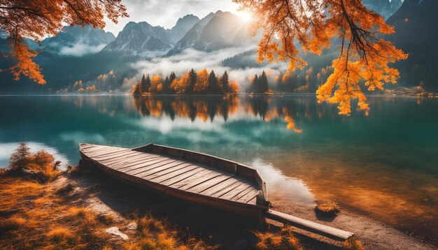 a boat on a lake in the fall