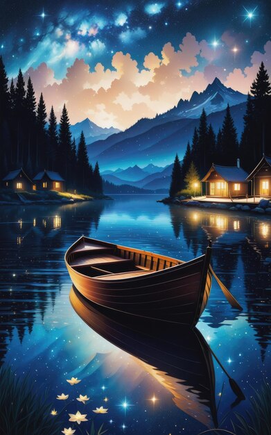 Boat on the Lake of the starry night Illustration