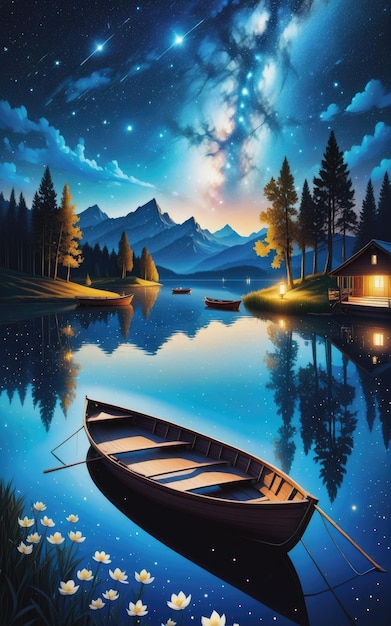 Boat on the Lake of the starry night Illustration