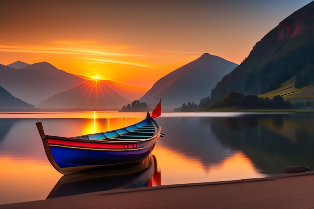 A boat on the lake at sunset