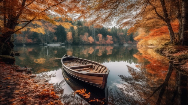 A boat on a lake with autumn leaves in the background