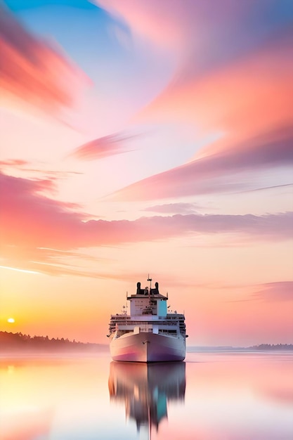 A boat in a lake with a colorful sky and the sun behind it.