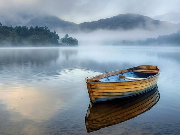 a boat on a lake with a mountain in the background