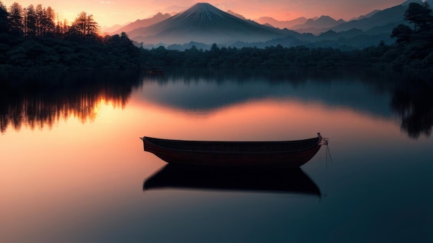 A boat on a lake with a mountain in the background