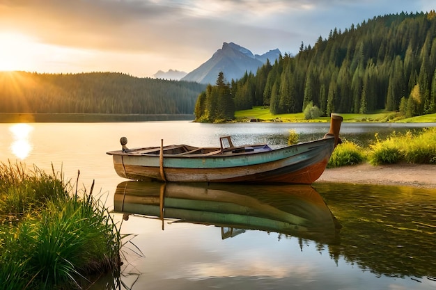 A boat on a lake with a mountain in the background