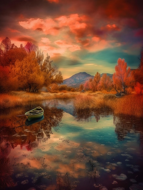 A boat on the lake with a mountain in the background