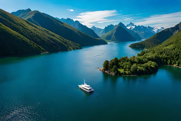 A boat in a lake with mountains in the background