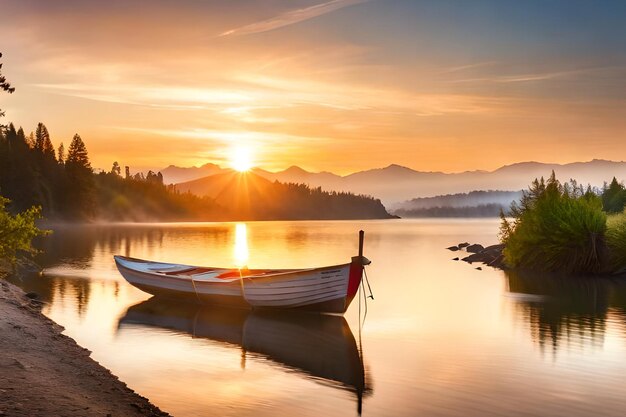 A boat on a lake with mountains in the background