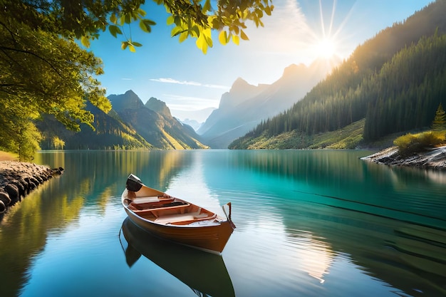 A boat on a lake with mountains in the background