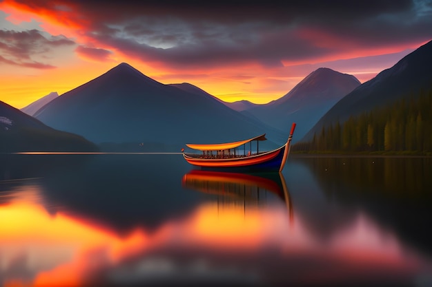 A boat on a lake with mountains in the background