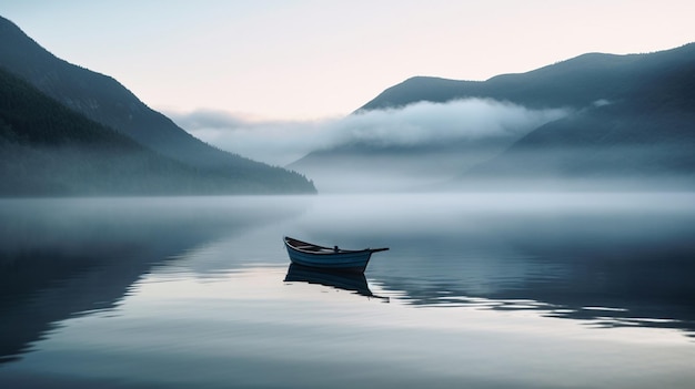 A boat on a lake with mountains in the background