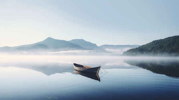 A boat on a lake with mountains in the background