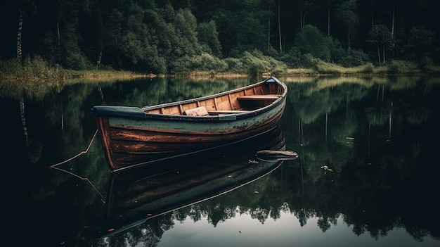 A boat on a lake with a reflection of trees in the water.