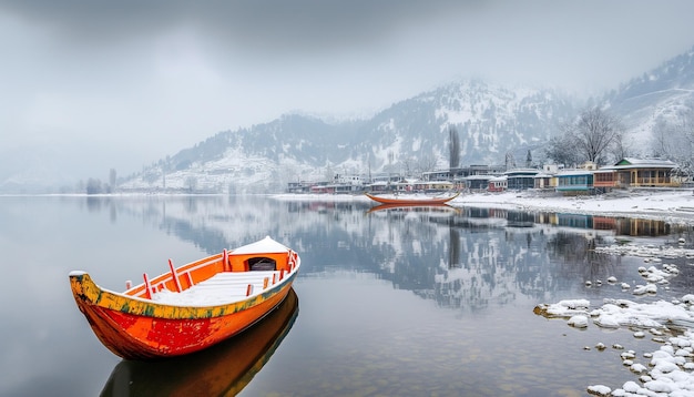 Boat on lake with a reflection in the water