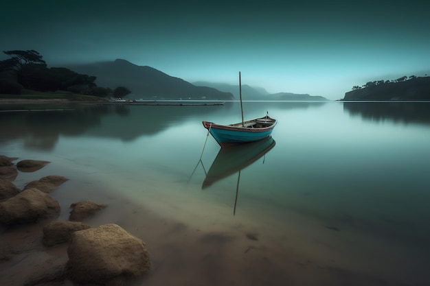 A boat on a lake with the sky in the background