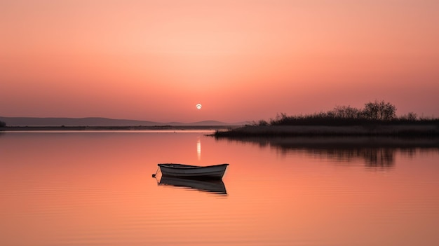 A boat on a lake with the sun setting behind it