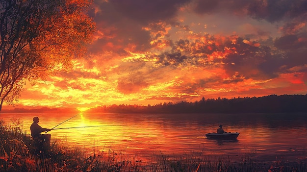 a boat on a lake with a sunset in the background