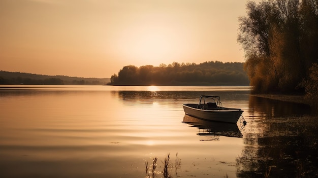 A boat on a lake with a sunset in the background