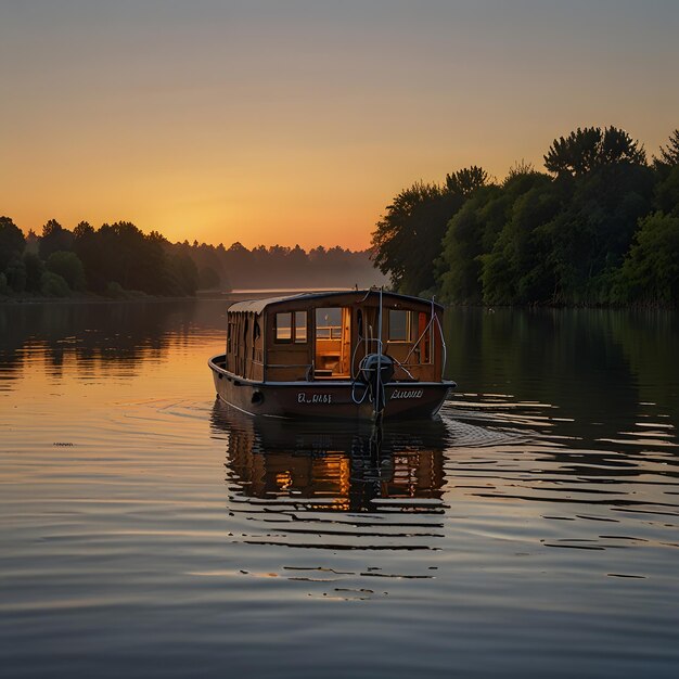 a boat in the lake with a sunset