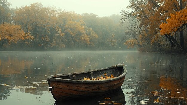 a boat on a lake with a tree in the background