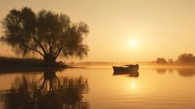 A boat on a lake with a tree in the background