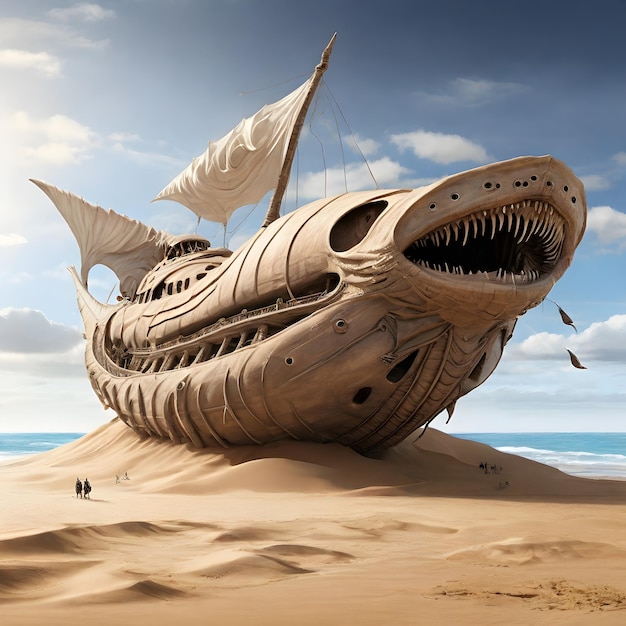 a boat made of sand with a shark head on it