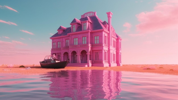 Boat mansion middle pink ocean lake australia photography image AI generated art